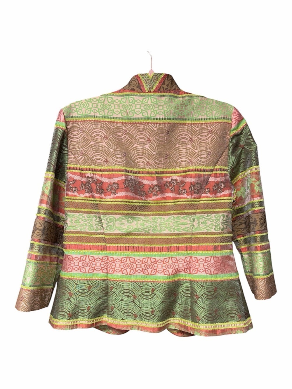 K Studio Collection Striped Jacquard Open-Front Blazer in Green and Coral - Picture 3 of 7